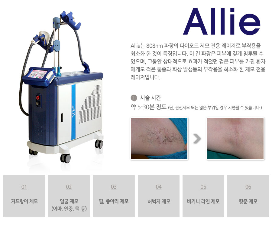 Allie는 808nm 파장의 다이오드 제모 전용 레이저로 부작용을 최소화 한 것이 특징입니다. 이 긴 파장은 피부에 깊게 침투될 수 있으며, 그동안 상대적으로 효과가 적었던 검은 피부를 가진 환자에게도 적은 통증과 화상 발생등의 부작용을 최소화 한 제모 전용레이저입니다.