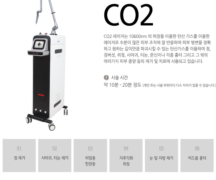 CO2 레이저는 10600nm 의 파장을 이용한 탄산 가스를 이용한 레이저로 수분이 많은 피부 조직에 잘 반응하여 피부 병변을 정확하고 원하는 깊이만큼 파괴시킬 수 있는 탄산가스를 이용하여 점,검버섯, 쥐젖, 사마귀, 티눈, 문신이나 각종 흉터 그리고 그 밖의 여러가지 피부 종양 등의 제거 및 치료에 사용되고 있습니다.